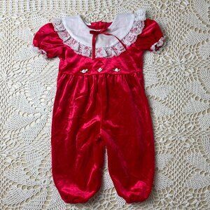 Vintage 1990s California Talk Baby Girl 12 Months Red Velour Long Romper Jumper
